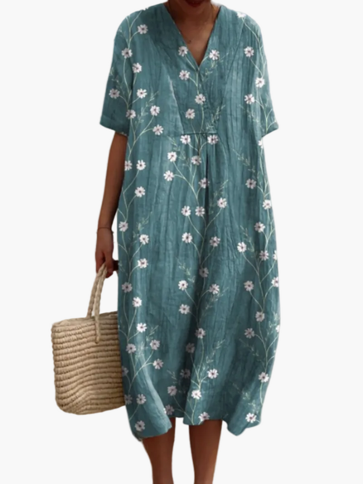 Damen Sommerkleid im A-Linien-Schnitt, Vintage-Blumenmuster, kurze Ärmel, locker und luftig für heiße Tage.