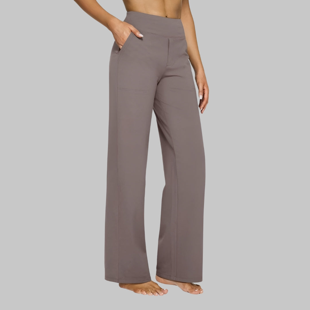 Moderne Damen Stretch-Hose in Beige, hoher Bund, bietet optimalen Tragekomfort & stilvolle Optik.