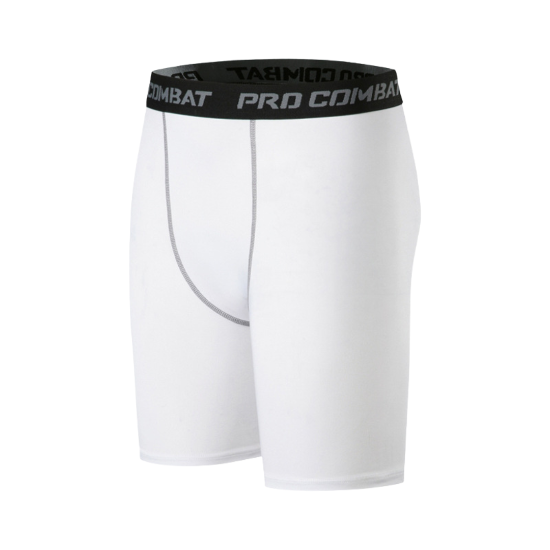 Detailansicht der schwarzen Comprevex Herren Kompressionsshorts, flache Nähte, ergonomische Passform.