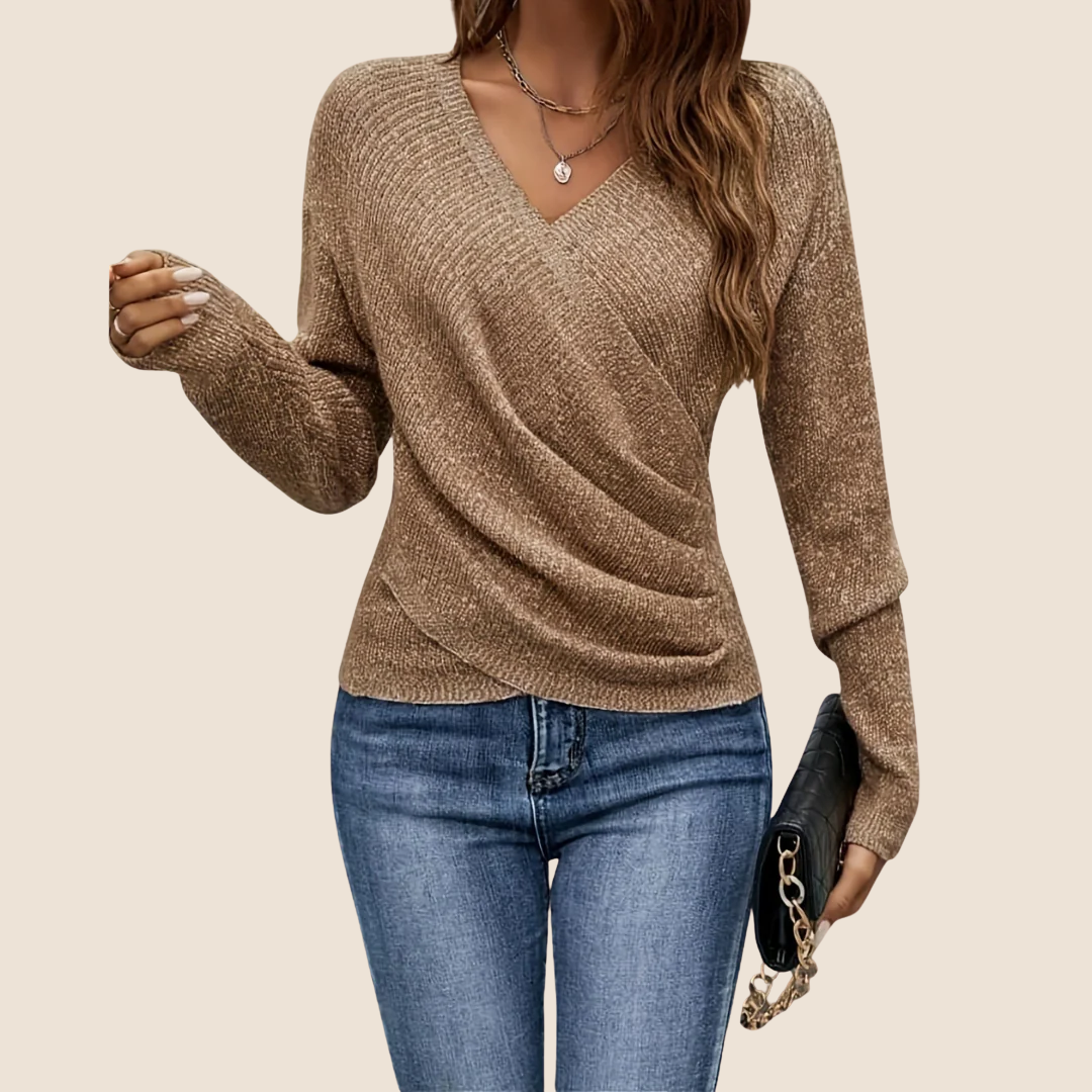 Damen Wickeltop mit V-Ausschnitt & drapierter Vorderseite, elegant & figurschmeichelnd. Ideal für Büro & Freizeit.