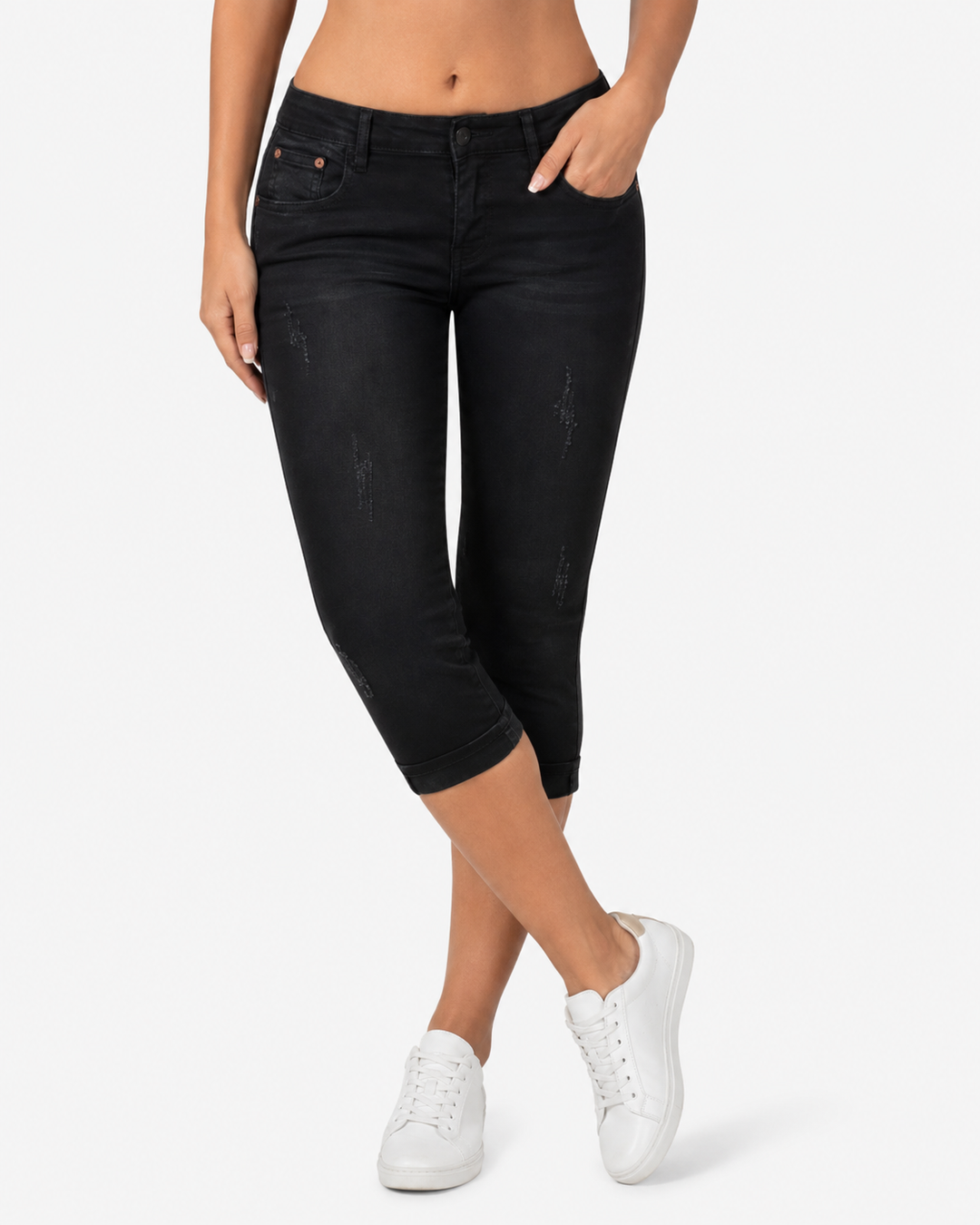 Modische Damen Sommer Caprihosen, Slim Fit Schnitt, erhältlich in Dunkelblau, Schwarz und Hellblau für stilvolle Looks.