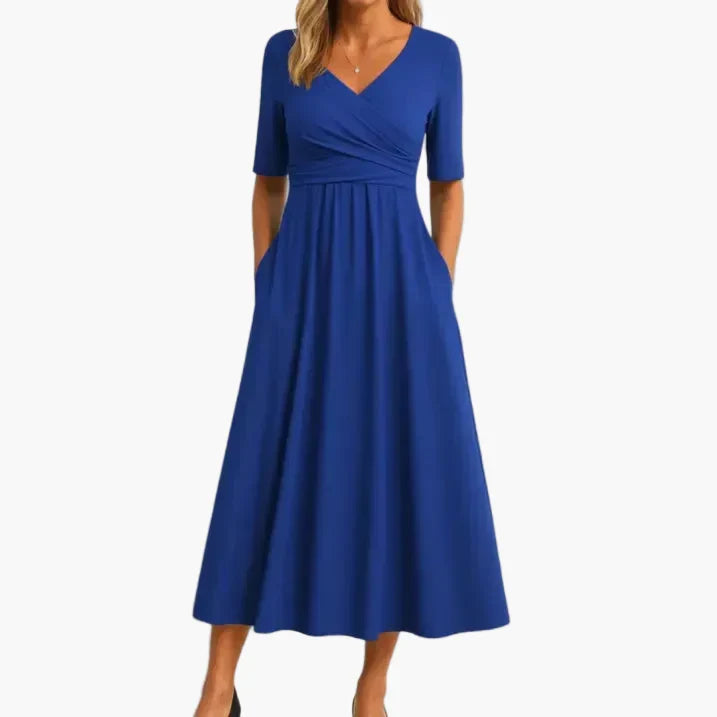 Schickes Wickelkleid Midikleid für Damen in Blau. Ideal für festliche Anlässe, Hochzeiten und als Sommerkleid.