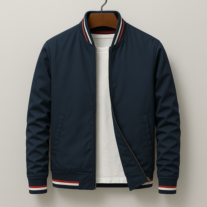 Stylische Herren Bomberjacke mit Streifen, perfekt für einen lässigen Frühlingslook.