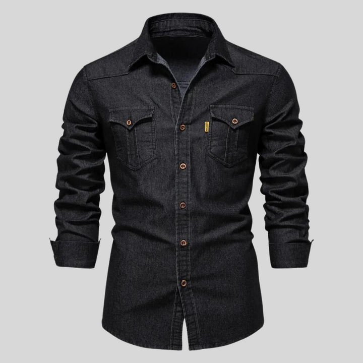Bequemes, vielseitiges Herren Denim-Hemd in mittlerem Blau mit langen Ärmeln für Freizeit & täglichen Gebrauch.