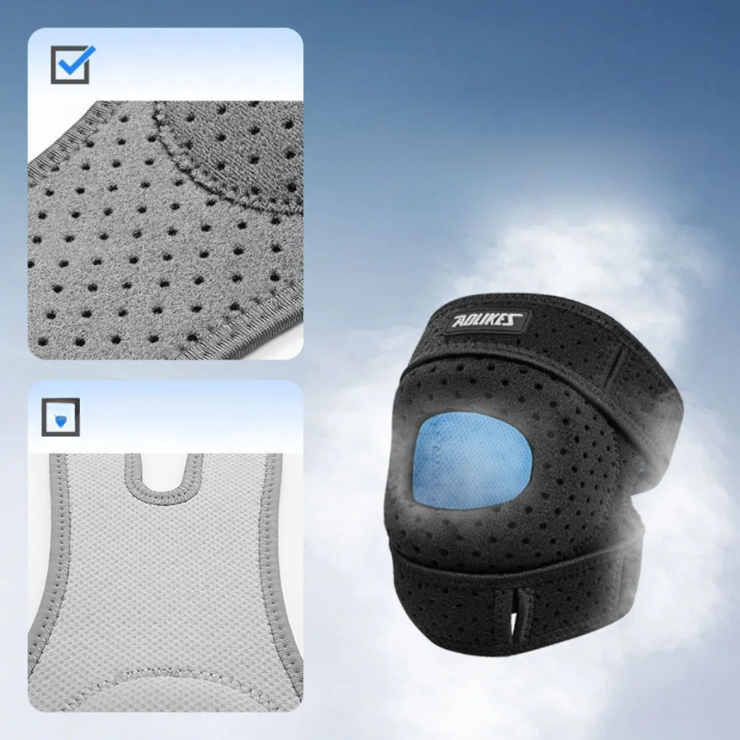 Nahaufnahme der atmungsaktiven, verstellbaren Patella-Kniebandage für Sportler.