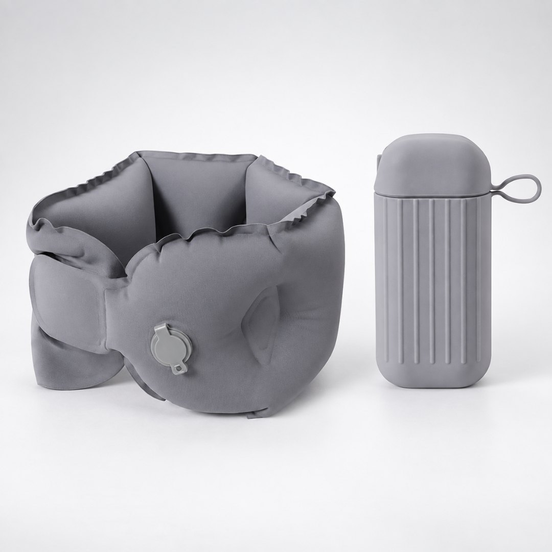 Graues ergonomisches Reisekissen, aufblasbar, ideal für Flug, Auto oder Camping-Entspannung.