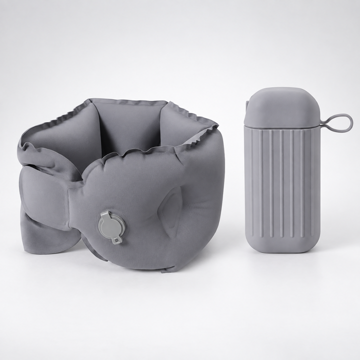 Graues ergonomisches Reisekissen, aufblasbar, ideal für Flug, Auto oder Camping-Entspannung.