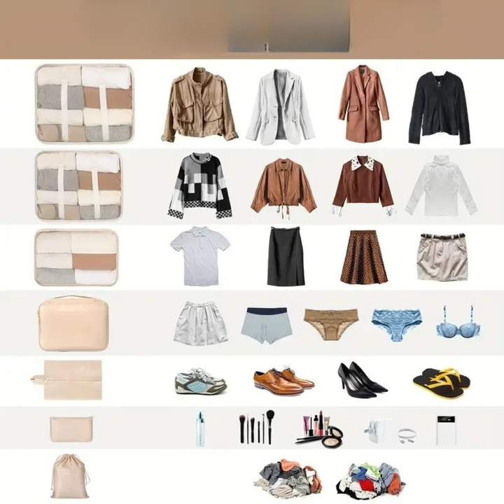 Ein Packwürfel wird in eine Reisetasche gelegt, was die einfache Integration des Reisezubehörs zeigt.
