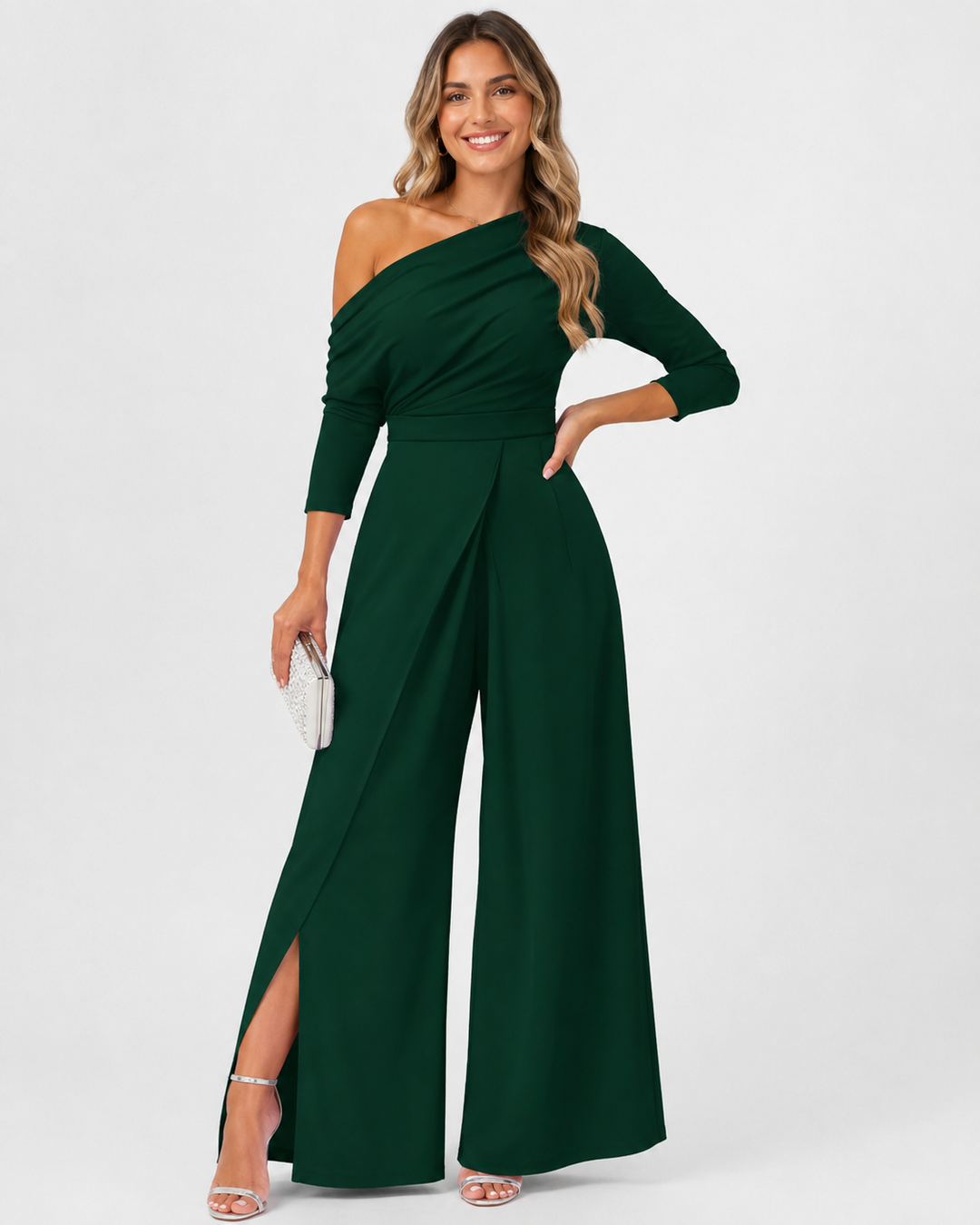 Eleganter Damen Asymmetrischer Jumpsuit mit langen Ärmeln für Abendmode; modischer festlicher Overall.