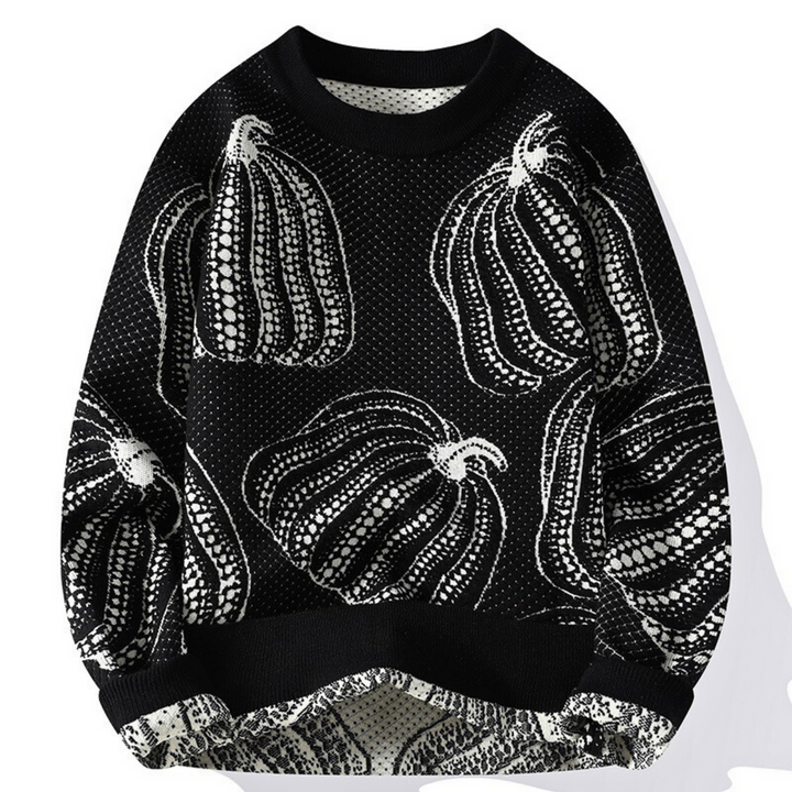 Gemütlicher Herren-Strickpullover mit auffälligem Kürbis-Motiv; ideal für herbstliche Casual-Outfits.