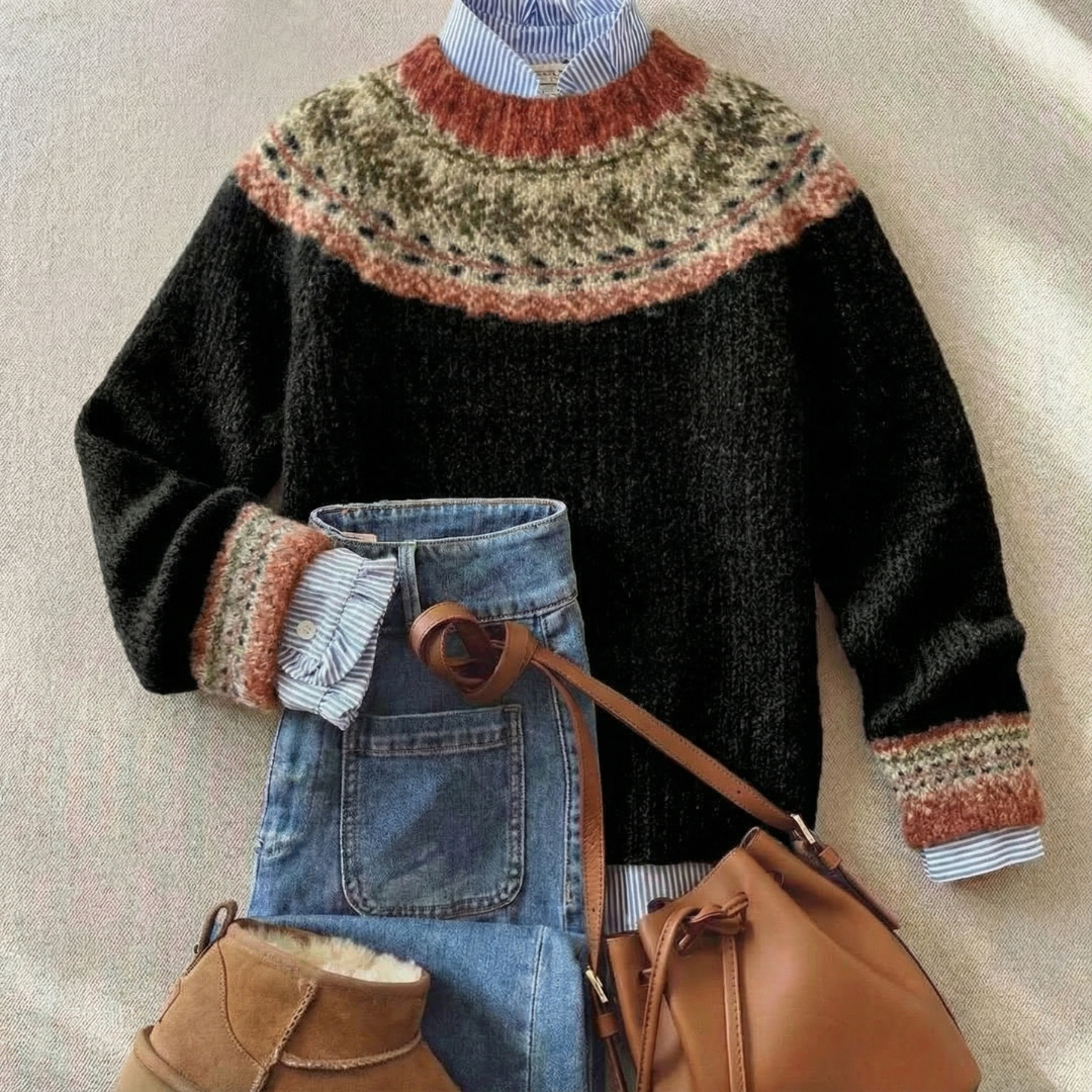 Warmer & bequemer Damen Strickpullover mit nordischem Muster, vielseitig für Alltag und Freizeit.