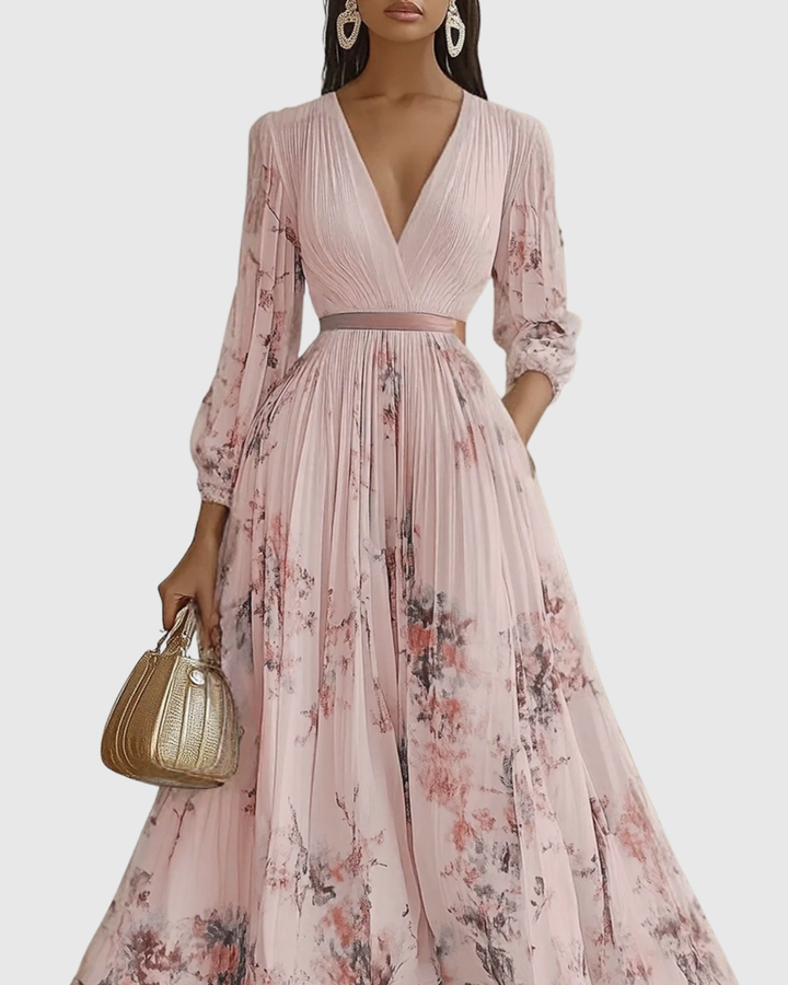 Schickes Damen Maxikleid in Plissee-Optik, V-Ausschnitt, Langarm, für jeden Anlass.