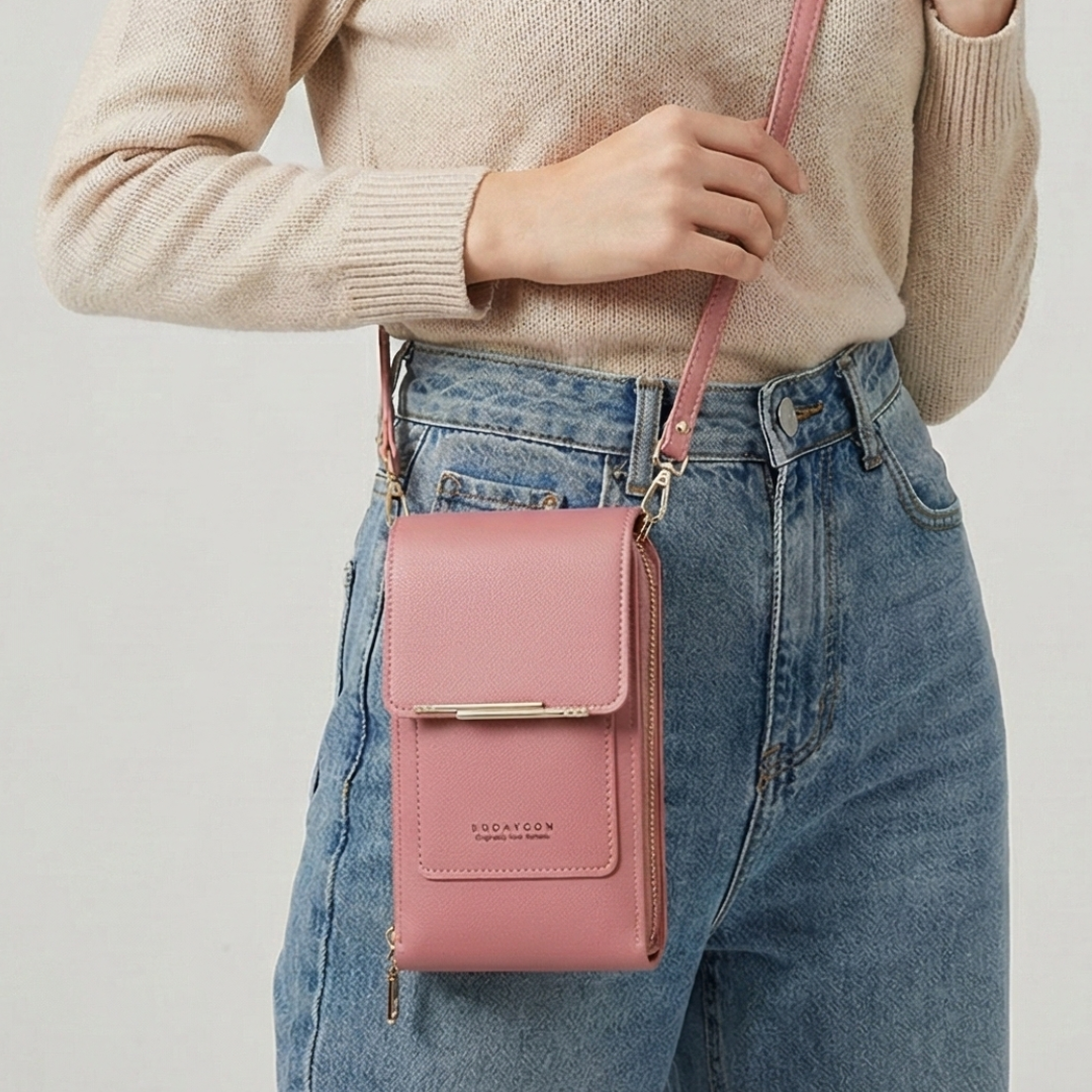 Robuste PU-Leder Schultertasche für Damen, mit integriertem Touchscreen-Handyfach und Reißverschluss.
