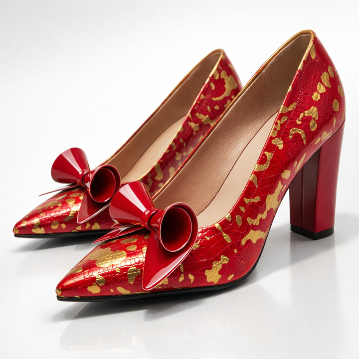 Granatrote Damen High Heels mit eleganter Spitzkappe und Krokoprägung. Stylischer Blockabsatz.