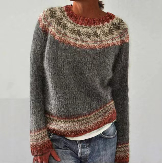 Warmer Damenpullover mit Rundhals, Retro-Stil, ideal für die Herbst- und Wintermode.