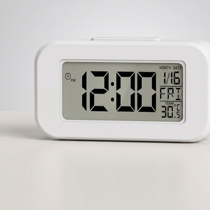 Detailansicht: Digitale LED-Nachttischuhr mit heller Anzeige und atmosphärischem Nachtlicht.