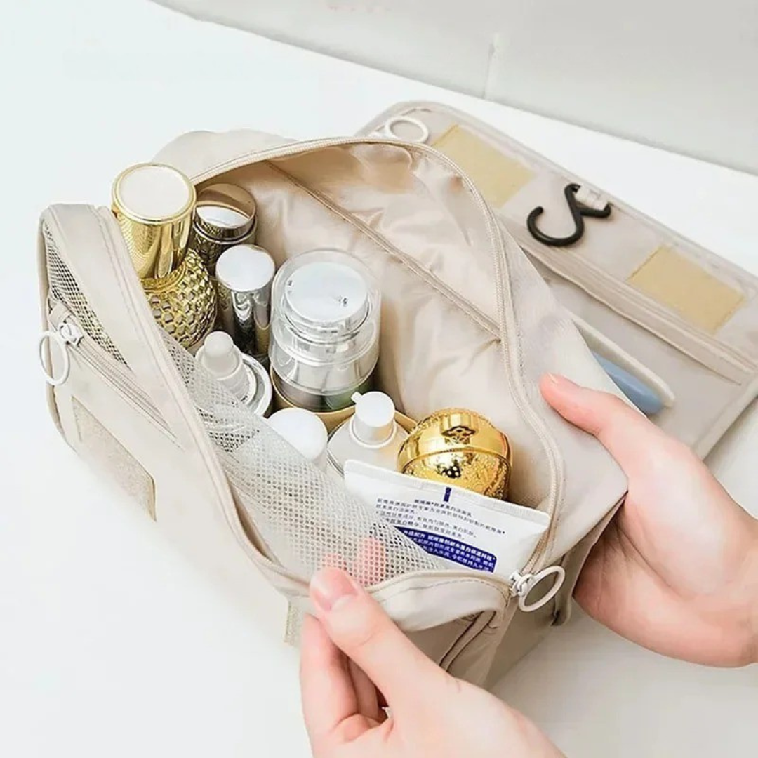 Gepäckorganizer: Wasserdichte Kulturtasche, faltbar & zum Aufhängen, für platzsparendes Packen.