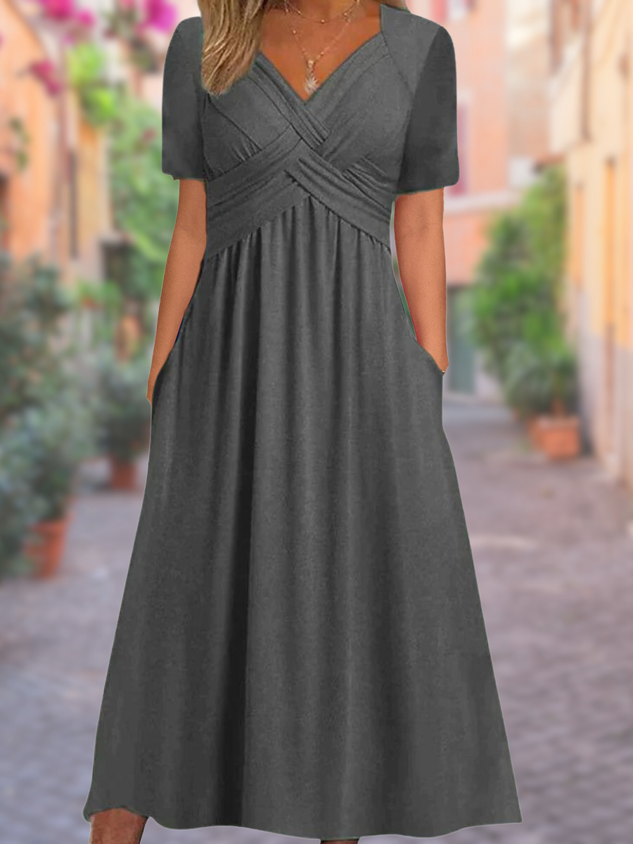 Elegantes Damen Midi-Kleid A-Linie mit V-Ausschnitt & Kreuzrücken, perfekt für Sommer. Erhältlich in Grau, Grün, Orange.