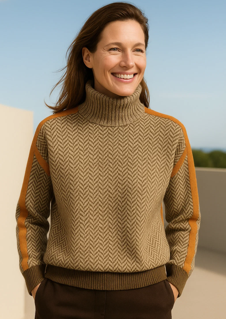 Damen Pullover gestreift mit Stehkragen. Bequemer Strickpullover für Alltag & Freizeit, modern.