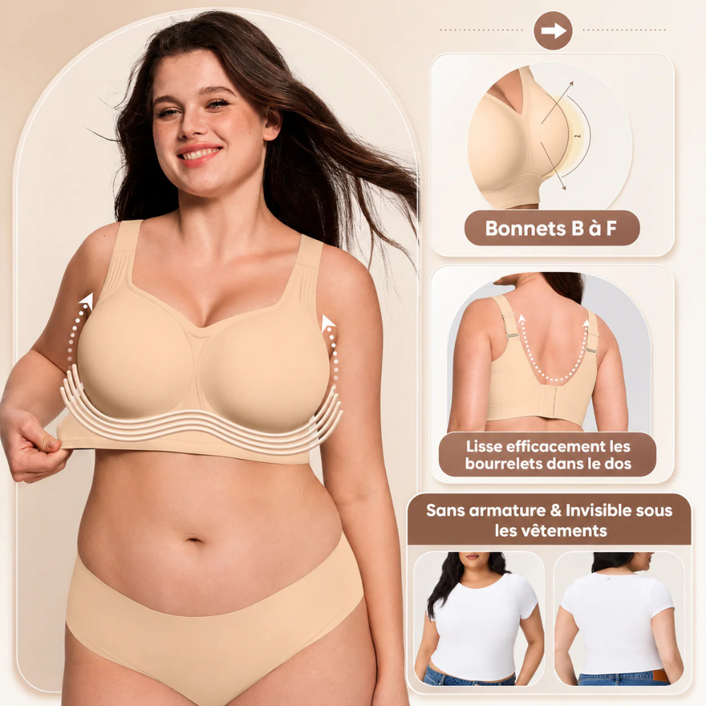 Rückansicht nahtloser Damen Komfort BH mit breiten Trägern für optimalen Halt und eine glatte Silhouette.