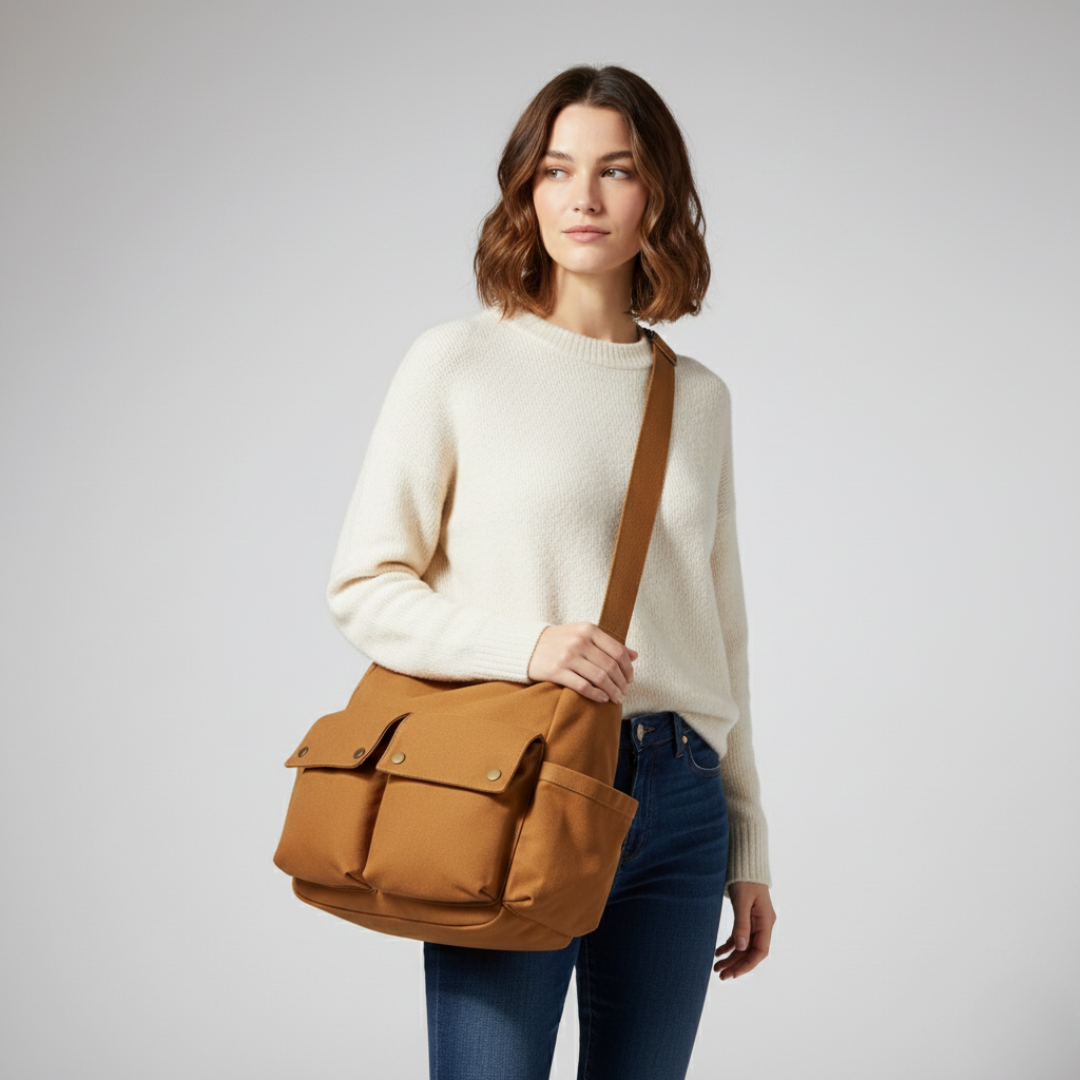 Schwarze Unisex Canvas Satchel, Frontansicht. Strapazierfähige Tasche für Laptop & Bücher.