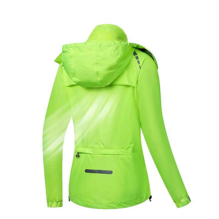 Flach liegende Herren Radjacke in Schwarz/Grün, mit allen Details der Hochsichtbarkeit & Funktionalität.