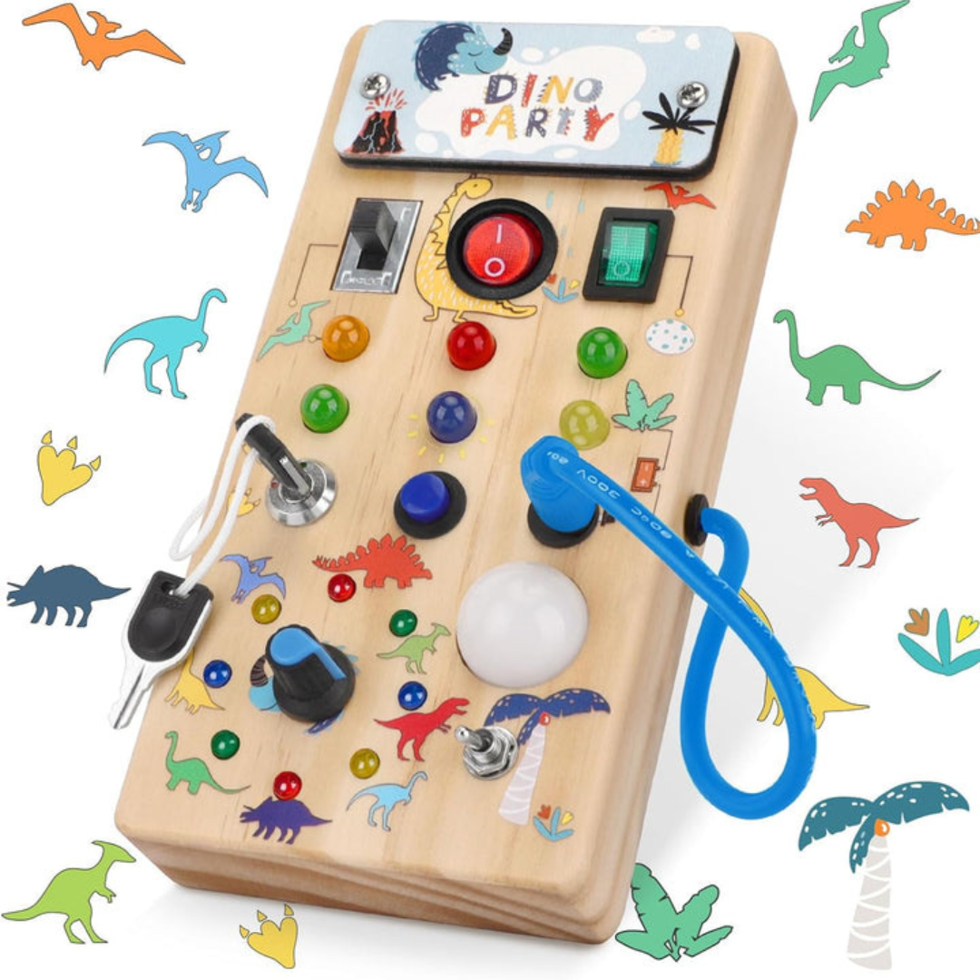 Elektronisches Montessori Aktivitätsbrett aus Holz für Kinder. 8 bunte LED-Kontakte fördern spielerisch Lernen.