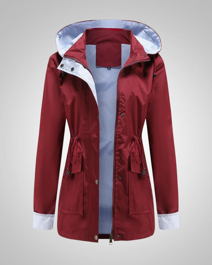 Elegante Damen Übergangs-Regenjacke mit Kapuze und Kordelzug, modisch & schützend.