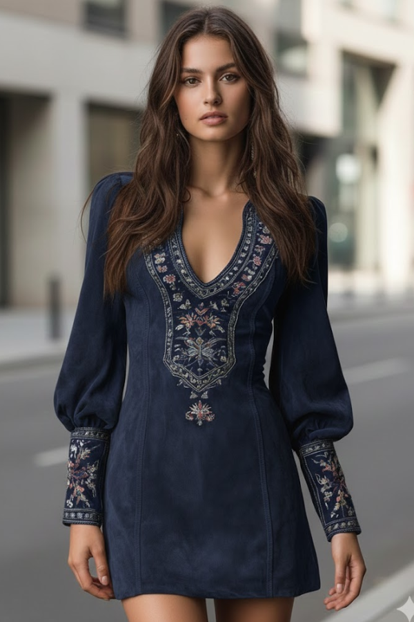 Vielseitiges Damen Minikleid, kurzärmlig und elegant. Mit modischer Stickerei, ideal als Freizeit- oder Abendkleid.
