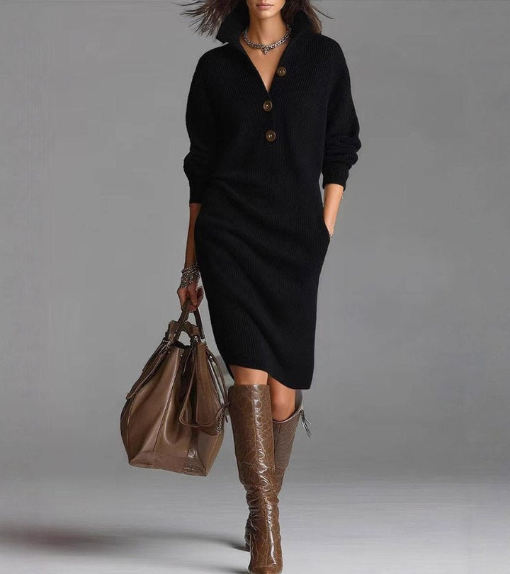 Elegantes Damen Langarmkleid mit modischem Knopfkragen. Vielseitiges Winterkleid mit Seitentaschen, ideal für den Alltag.