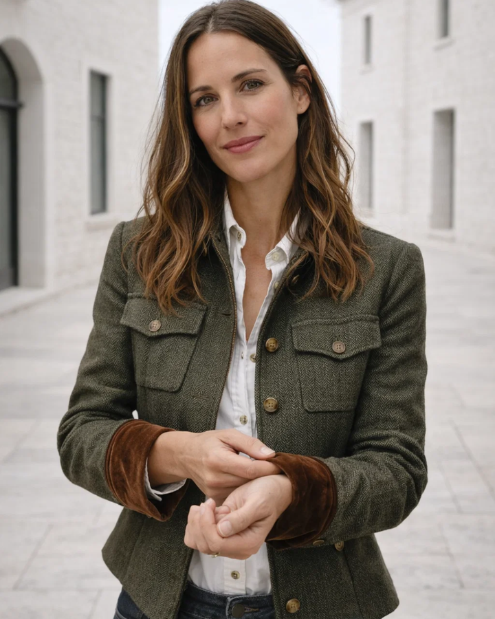 Grüne taillierte Damen Tweedjacke im klassischen Stil. Ideal für Business und elegante Freizeit-Outfits.