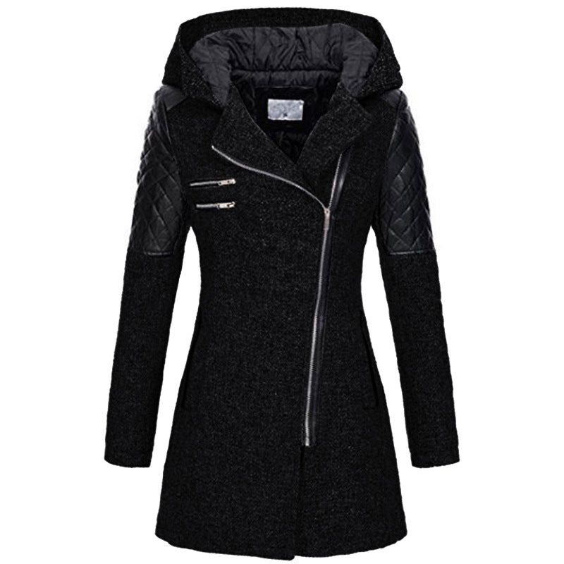 Warmer Damenmantel im Biker-Look; elegante Winterjacke mit asymmetrischem Reißverschluss.