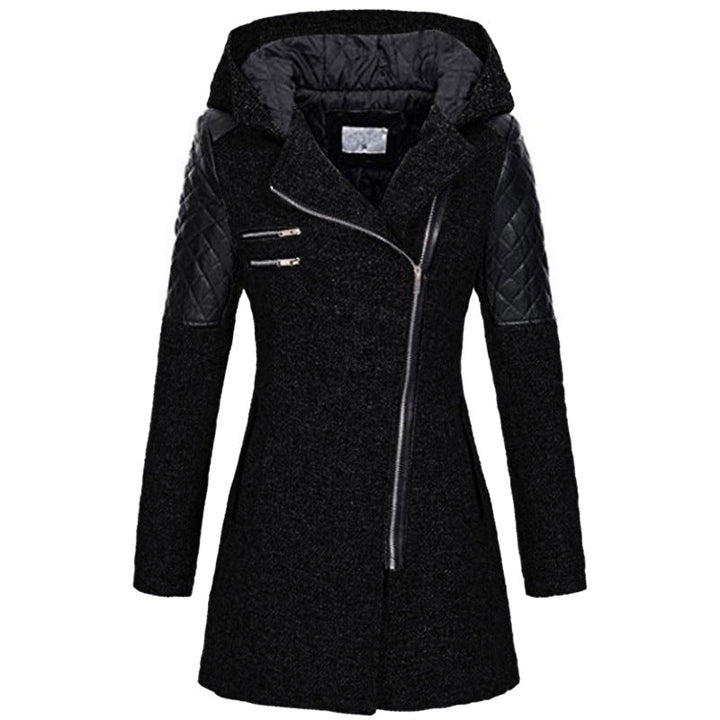 Warmer Damenmantel im Biker-Look; elegante Winterjacke mit asymmetrischem Reißverschluss.