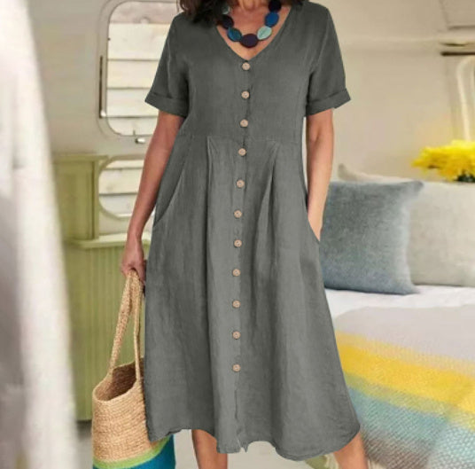 Sommerliches Midikleid: Damenkleid mit V-Ausschnitt und Knopfleiste, bequem und stilvoll für jede Dame.