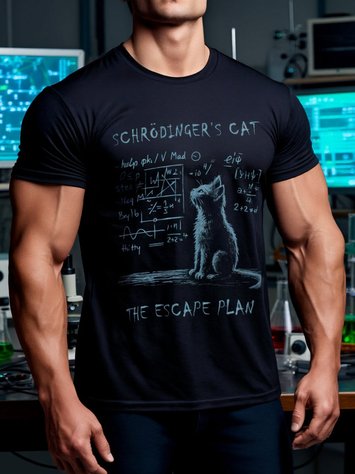 Schwarzes Herren T-Shirt mit lustigem "Schrödingers Katze Fluchtplan" Wissenschafts-Print.