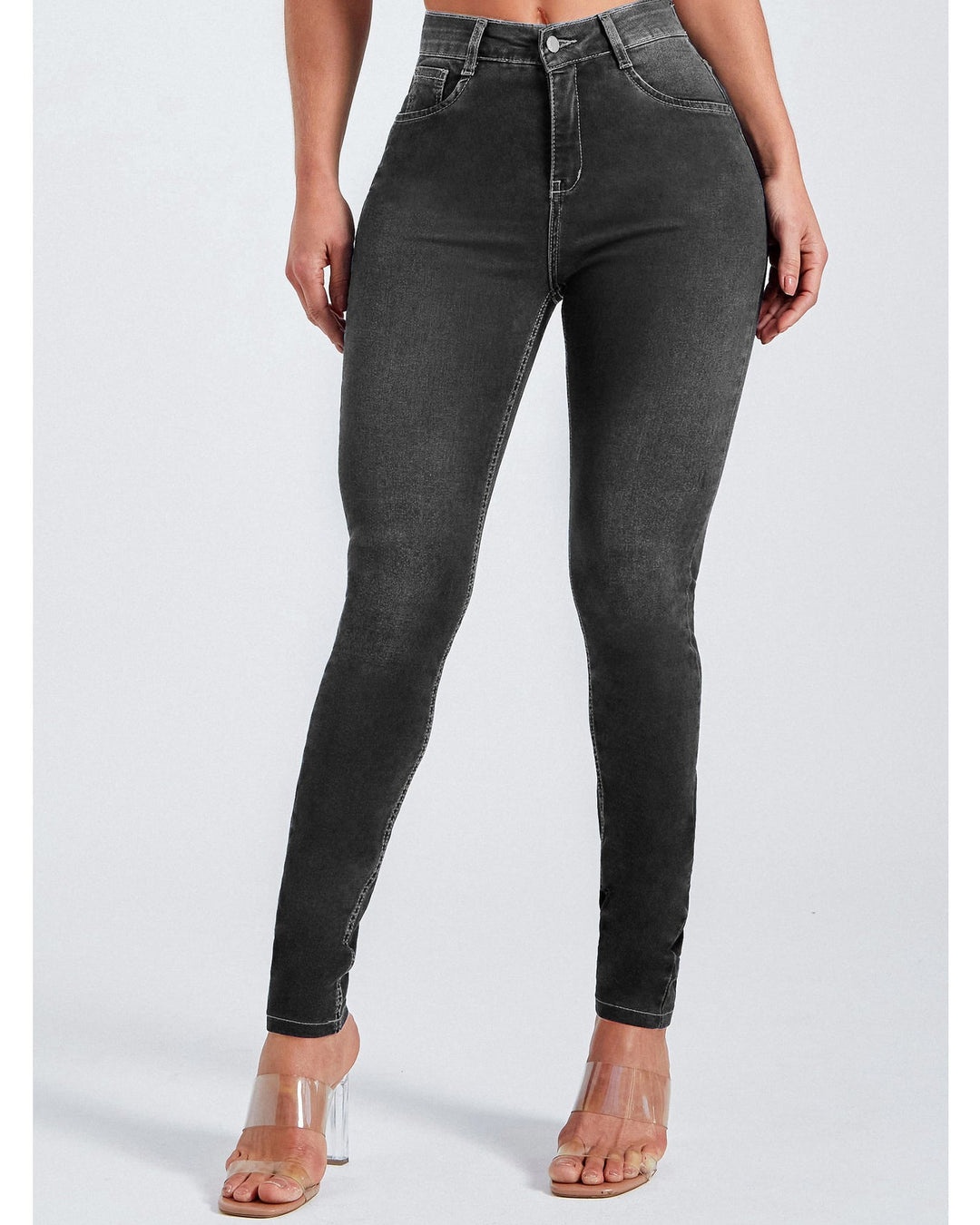 Taillendetail der High Waist Damen Skinny Jeans mit seitlichem Reißverschluss, schmeichelhafte Passform.
