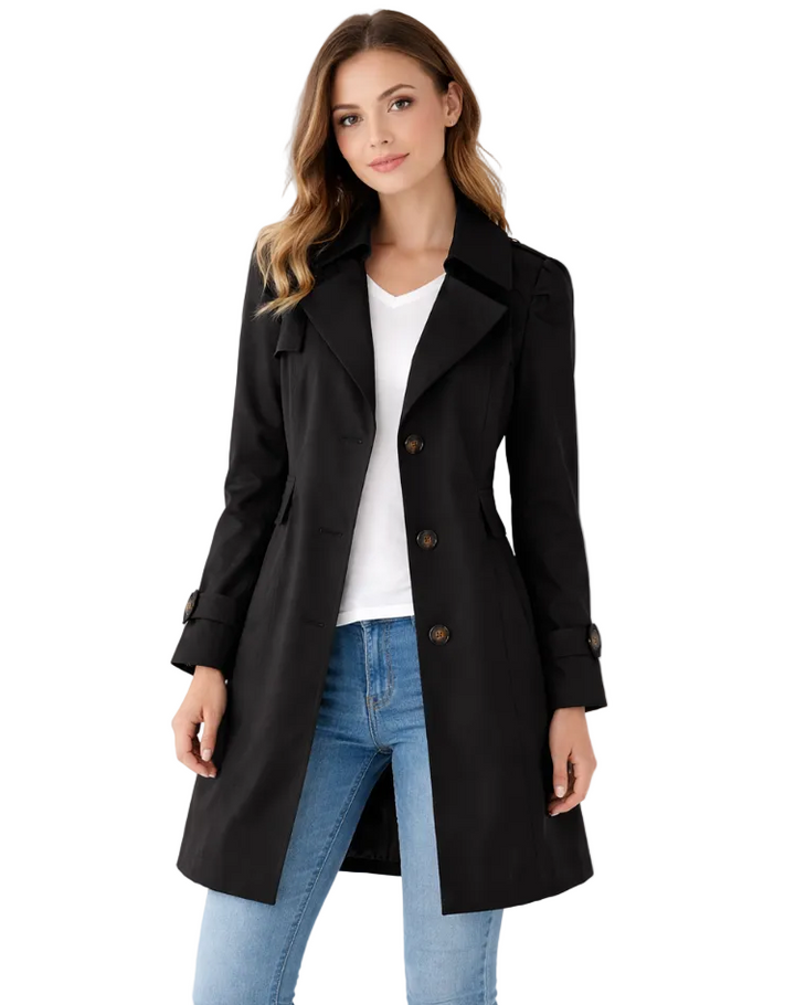 Eleganter Damen Trenchcoat mit Reverskragen & taillierter Passform. Klassischer Übergangsmantel für Frühling & Herbst.