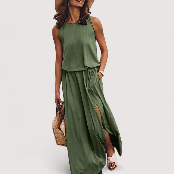 Elegantes Damen Sommerkleid in Maxi-Länge mit seitlichem Schlitz. Stilvolles, lockeres Freizeitkleid für Damen.