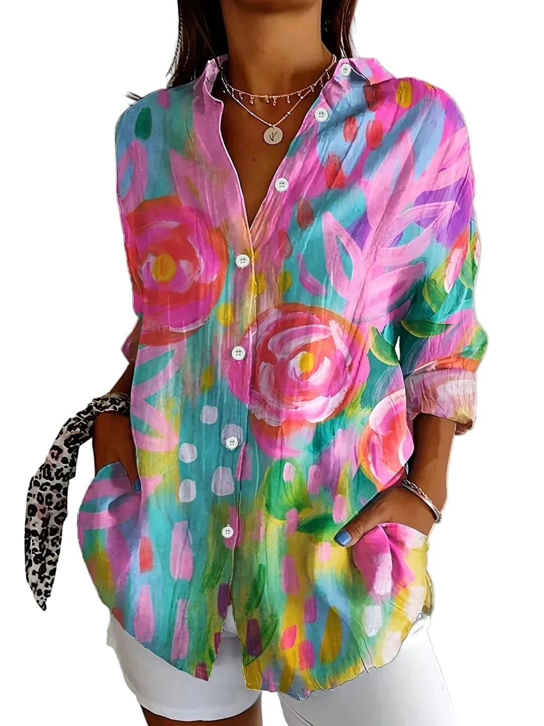 Damen Blumenbluse mit Knopfleiste, Kragen & leichtem Stoff. Stilvolle, lockere Passform für Frühling & Sommer.