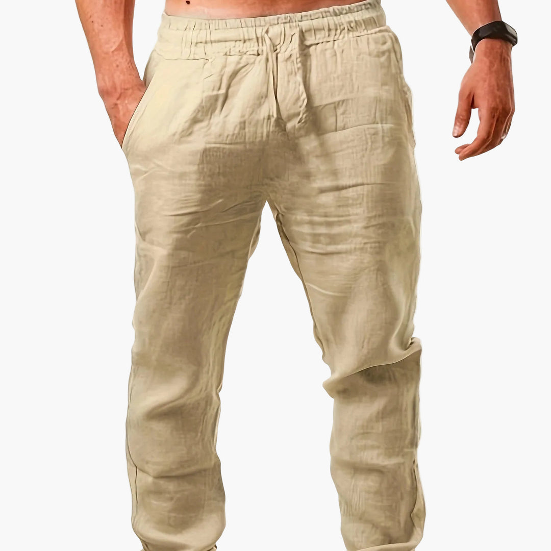 Modische Herren Freizeithose mit Kordelzug, schwarz, locker für den Sommerurlaub.