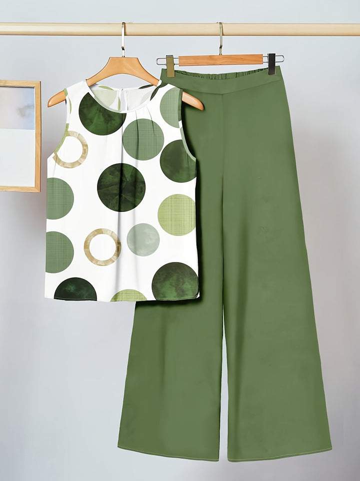 Modisches Damen Set: Olivgrüner 2-Teiler mit ärmellosem Top und weiter Hose für eleganten Freizeit-Look.
