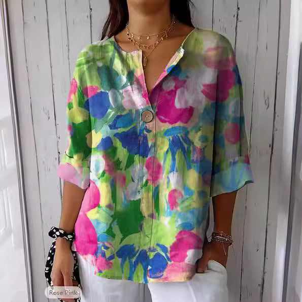 Trendige Damen Tunika mit V-Ausschnitt, auffälligem Farbblock-Print und 3/4 Ärmeln, vielseitig für Frühling & Herbst Mode.