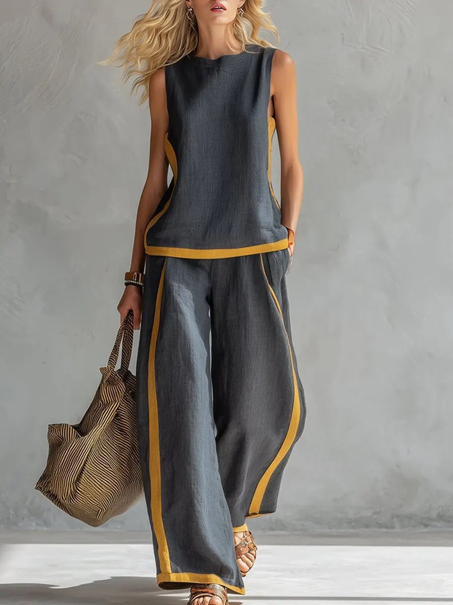 Eleganter Damen Kombiset für Reiseoutfits: Ärmelloses Top & lose weite Hose mit Farbblockmuster.