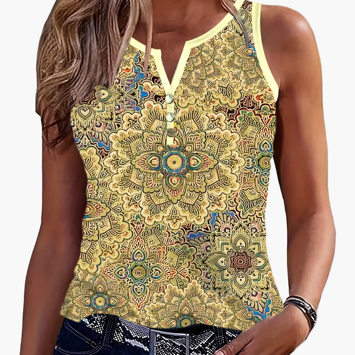 Trendiges Damen Ethno-Tanktop mit V-Ausschnitt & Knopfleiste. Perfektes Sommer-Freizeitshirt.