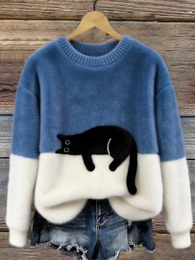 Moderner Damenpullover oversized, buntes Katzenmotiv für einen fröhlichen und gemütlichen Freizeit-Look.