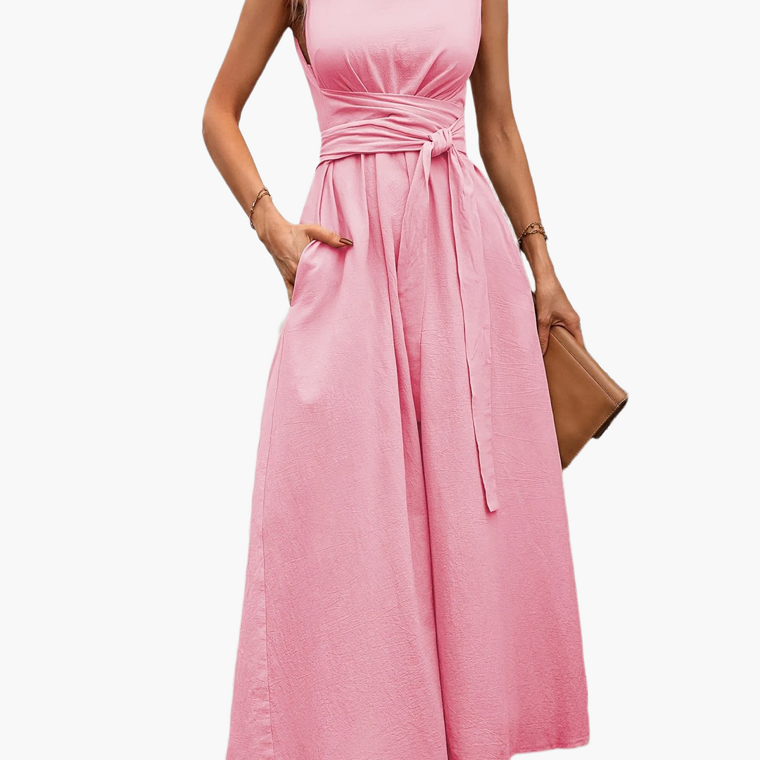 Eleganter Freizeit Overall für Damen, ärmellos, mit Gürtel und weitem Bein, ideal für Sommer.