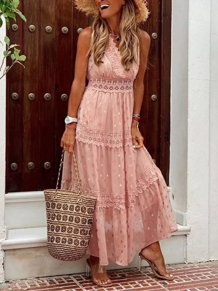 Leichtes Damen Maxikleid mit floralem Muster, Halbarm & Kordelzug, elegant für den Sommer.