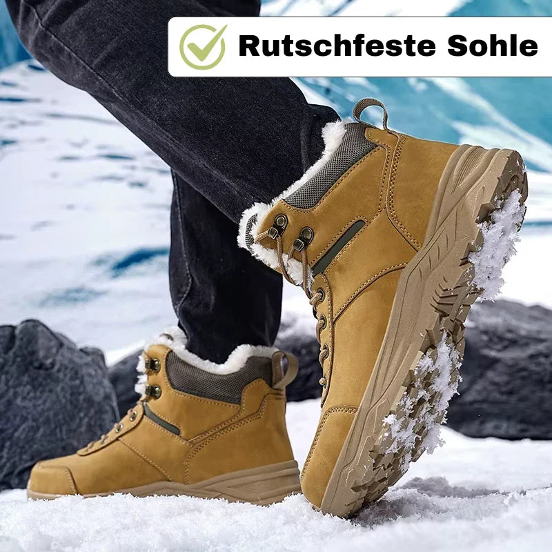 Moderne Damen Wintermode: Schwarze, wasserfeste Schneestiefel, warm & bequem, perfekt für Outdoor-Aktivitäten.