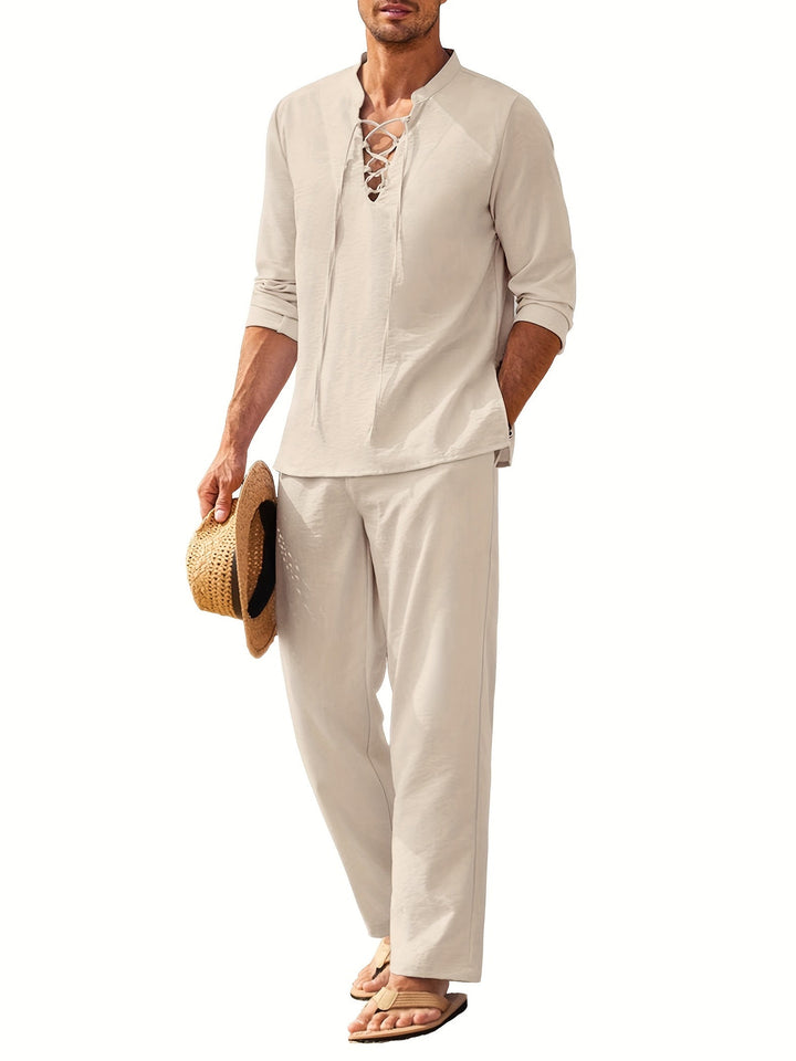Herren Milo Leinen Zweiteiler (Vorderansicht): stilvolles Sommer Set, ideal für Strand, Urlaub & Freizeitmode.