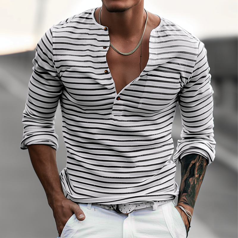Vielseitiges Herren Henleyshirt gestreift, Langarm, ideal für Frühling, Herbst und Winter – bequeme Herrenmode.